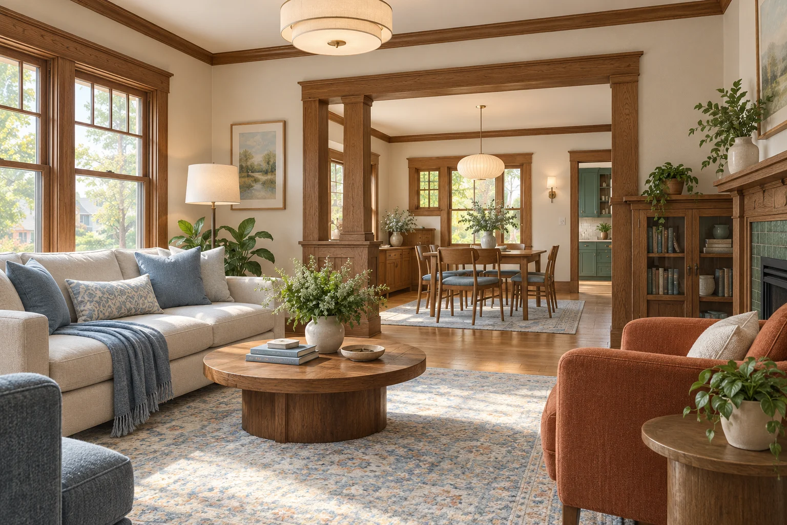 Older-home interior with original woodwork and updated lighting